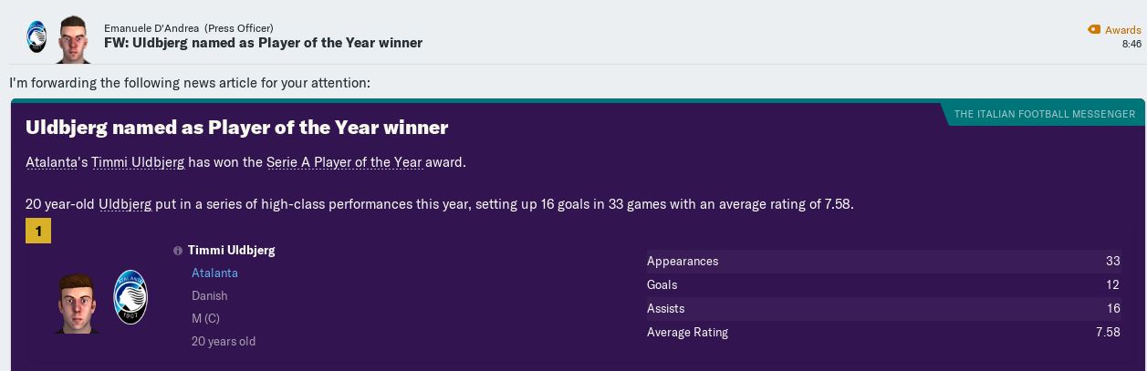 Uldbjerg Serie A player of the year